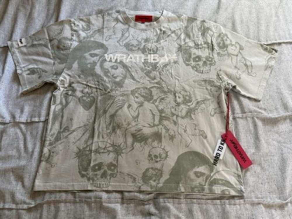 WRATHBOY MENS RELIGIOUS SKULL GRAPHIC PRINT T-SHIRT BEIGE SZ L WB623
